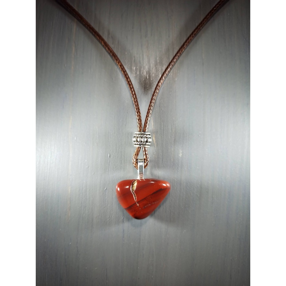 Brecciated Jasper Heart Pendant Necklace Brown Waxed Cord 18in Breakaway Closure
